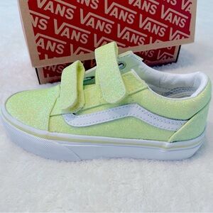Vans Little Girls 11, Lime Green Glitter Sparkle Old Skool Sneaker Velcro Straps